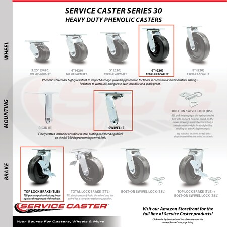 Service Caster 6 Inch Phenolic Caster Set with Ball Bearings 4 Brake 2 Swivel Lock SCC SCC-30CS620-PHB-TLB-BSL-2-TLB-2